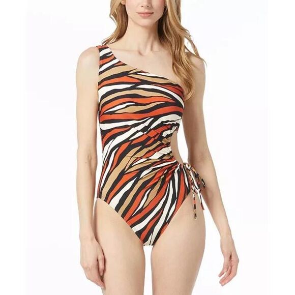 NWT Michael Kors MM8P021 826 Terracotta Zebra Print One-Shoulder Swimsuit 14 - Picture 1 of 10